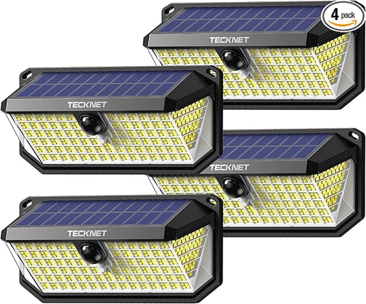 TECKNET 461 LED Solar Powered Outdoor Lights, 270° Angle & 3 Lighting Modes Motion Sensor Light Outdoor, Security Solar Lights Waterproof for Fence Front Door Yard Deck Garden Garage House - 4 Pack