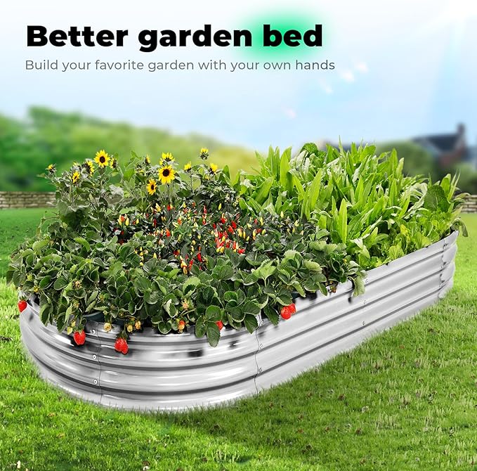 Galvanized Raised Garden Bed Kit, Oval Large Metal Planter Box, Sturdy and Durable, Garden Boxes Outdoor Raised for Vegetables, Fruits, Flowers and Herbs, 8x4x1ft (Silver)