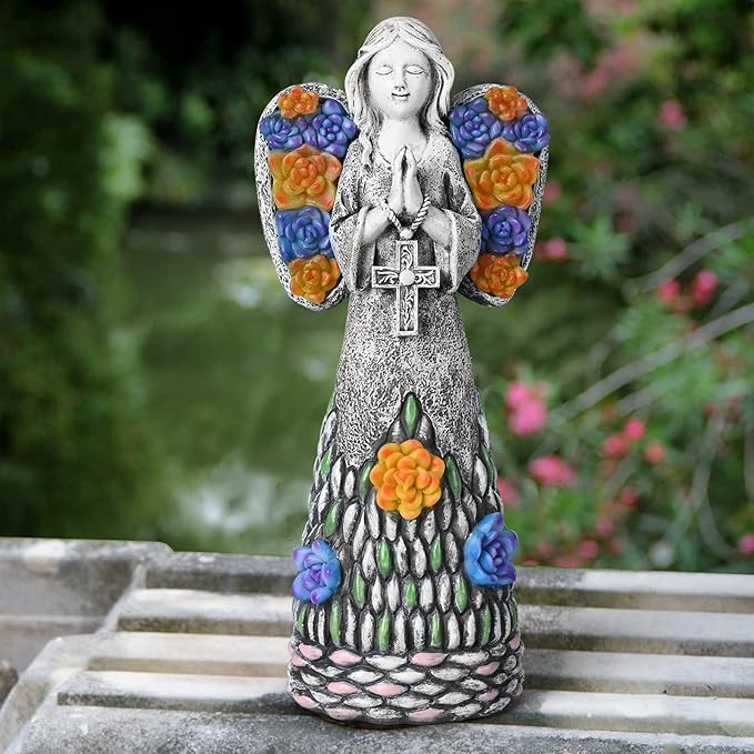 Yiosax-Garden Angels Outdoor Statue-Solar Lights Decor - Solar Angels for Cemetery Grave Cross Praying Succulent Wings Remembrance Angel Figurine Lawn Yard Decorations, White, Yiosax-Angel04