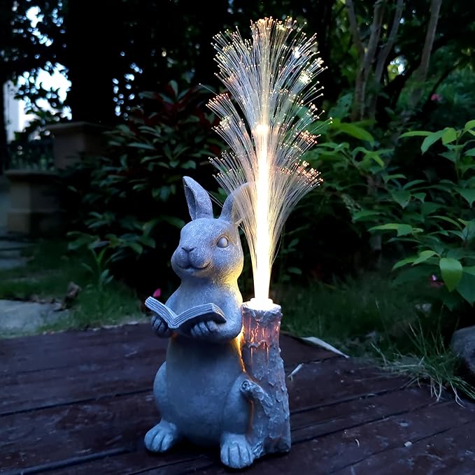 Rabbit Solar Garden Statues,Resin Rabbit Figurine Reading a Book and 7-Color Changing Optical Fiber with Solar Lights, Lawn Decor Outdoor Statue for Patio,Balcony,Yard,Lawn Ornament