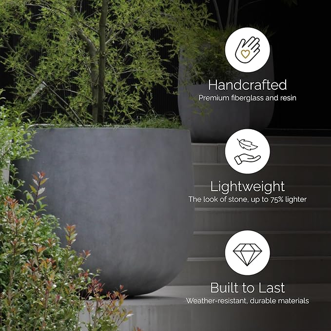 Mondo Large Planter – Concrete Stone Finish – Fiberglass Indoor/Outdoor and Weather-Resistant Round Planter (19.7" D x 19.1" H Exterior, 18.5" D x 18.5" H Interior)