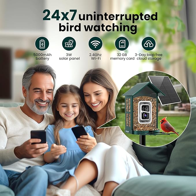 SOLIOM Solar Bird Feeder with Camera for Outdoors - AI Smart Birdhouse, 2K Live View & Instant Alerts, Squirrel Proof - Perfect Bird Watching Gift (Green)
