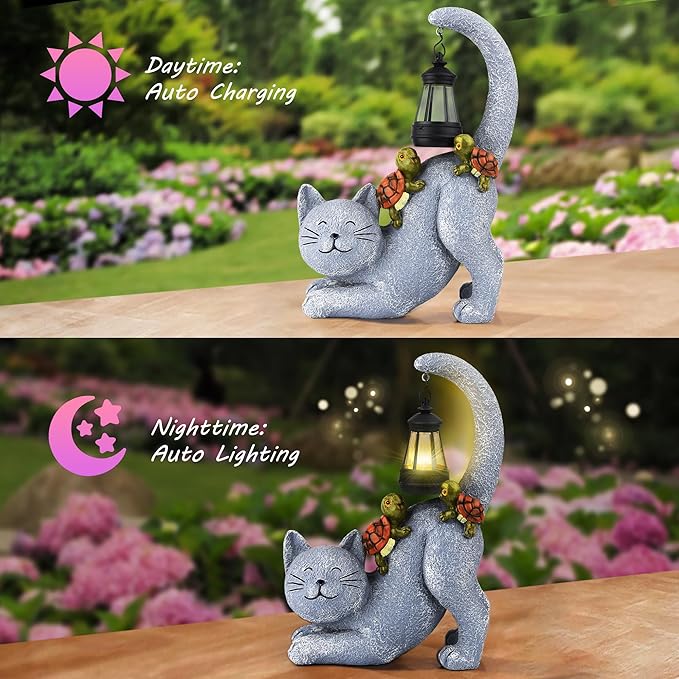 Solar Garden Decor Cat Figurine-Cat Outdoor Statue with Solar Lantern, Loving Turtle Garden Decor for Outside Patio,Porch,Yard, Backyard-Unique Housewarming Gifts for Mom Grandma Women