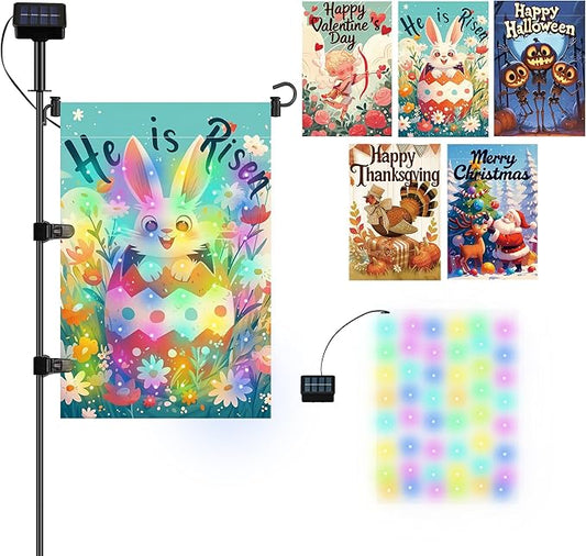 DIY Solar Garden Flag Stand with 5 Holiday Flags, Universal LED Board for DIY a Lighted 12"x18" Flag, Including Valentines Day, Easter Day, Halloween, Thanksgiving Day & Christmas Flags