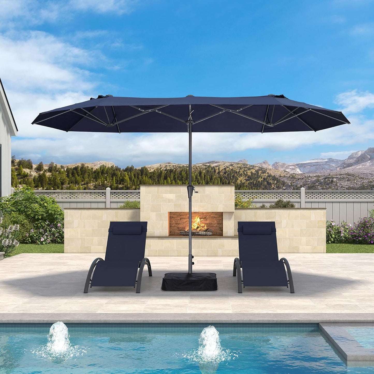 PURPLE LEAF 13ft Double-Sided Patio Umbrella with Base Included Market Rectangle Umbrella Outdoor Table Umbrella with Crank for Pool Garden Deck, Navy blue