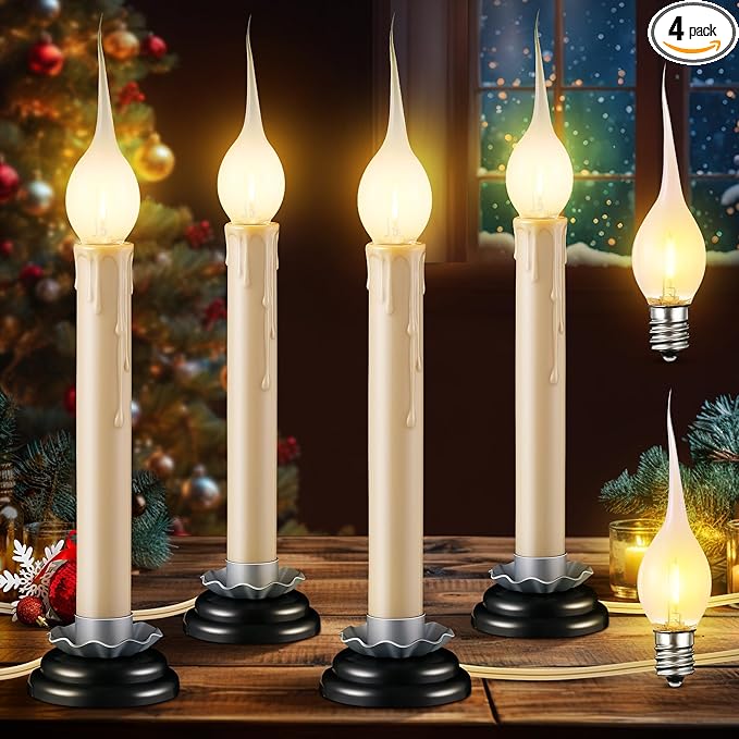 Enhon 4 Pack Rustic Country Candle Lights with Replacement Silicone Bulb, C7 0.6W Electric LED Christmas Window Candles Plug in, UL Certification Warm White Candlestick Lamp, 5 FT Cord, On/Off Switch