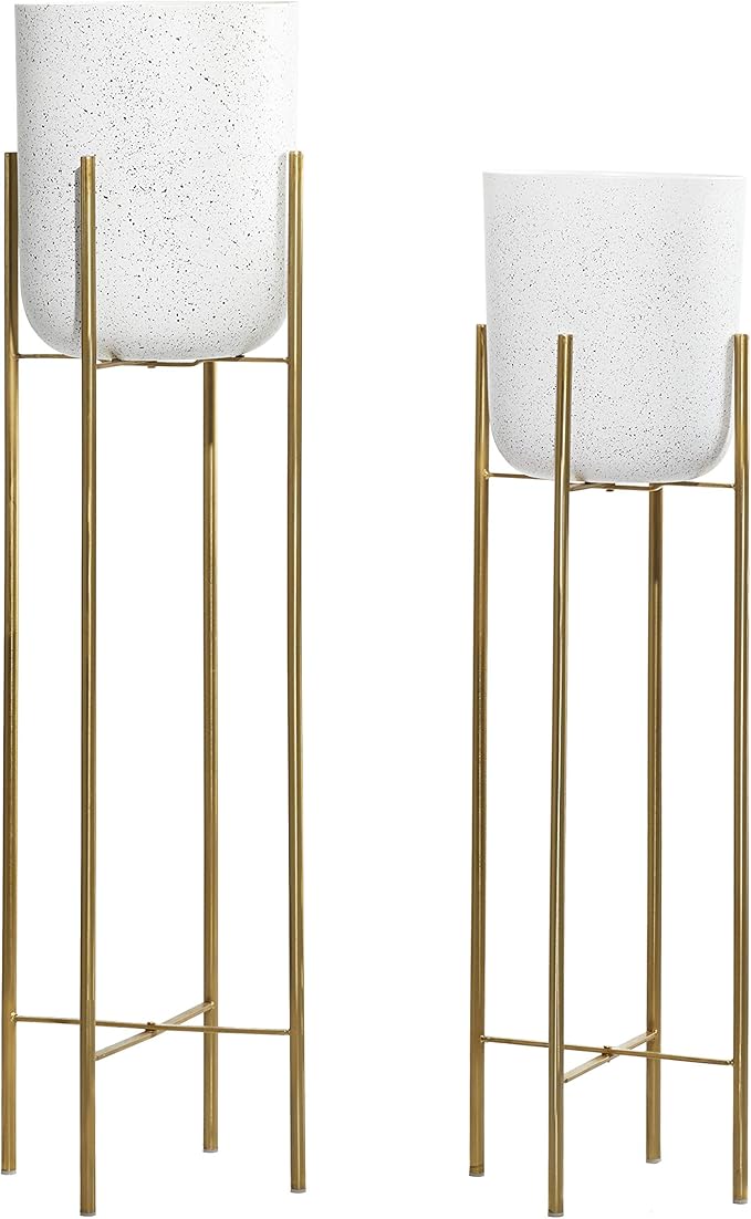 Deco 79 Metal Indoor Outdoor Planter Deep Recessed Dome Speckled Large Planter Pot with Removable Stand, Set of 2 Planters 39", 46"H, White