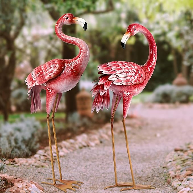 Kircust Flamingo Garden Statues and Sculptures, Metal Birds Yard Art Outdoor Statue, Large Pink Flamingo Lawn Ornaments for Home, Patio, Backyard Decor (2-Pack)