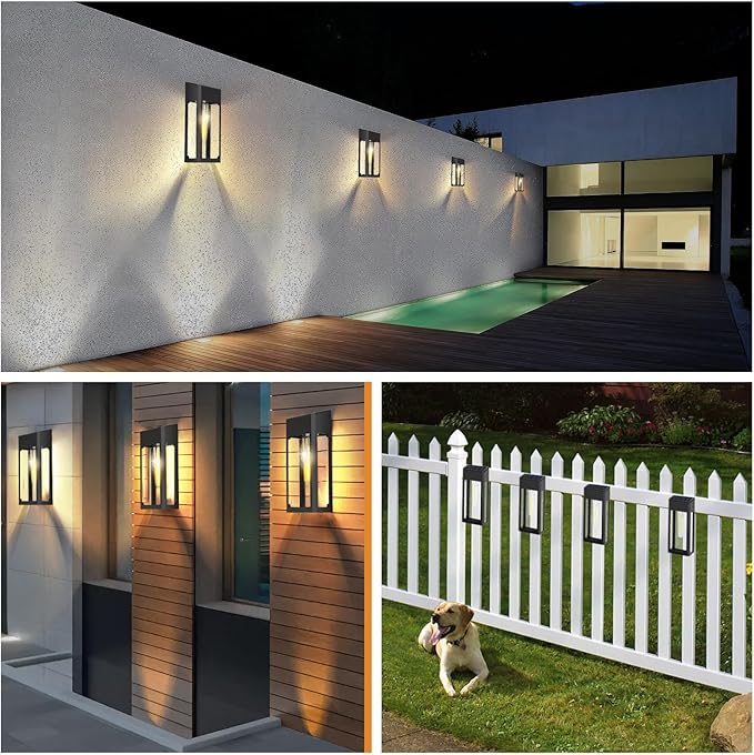 GOODFOEVER Solar Outdoor Lights Waterproof, 4 Pack Fence Lights Solar Powered with LED Bulbs, Metal Wall Lights for Garden Porch Patio Yard and Garage, Aluminum and Glass Shade (Wall Light 4 Pack)