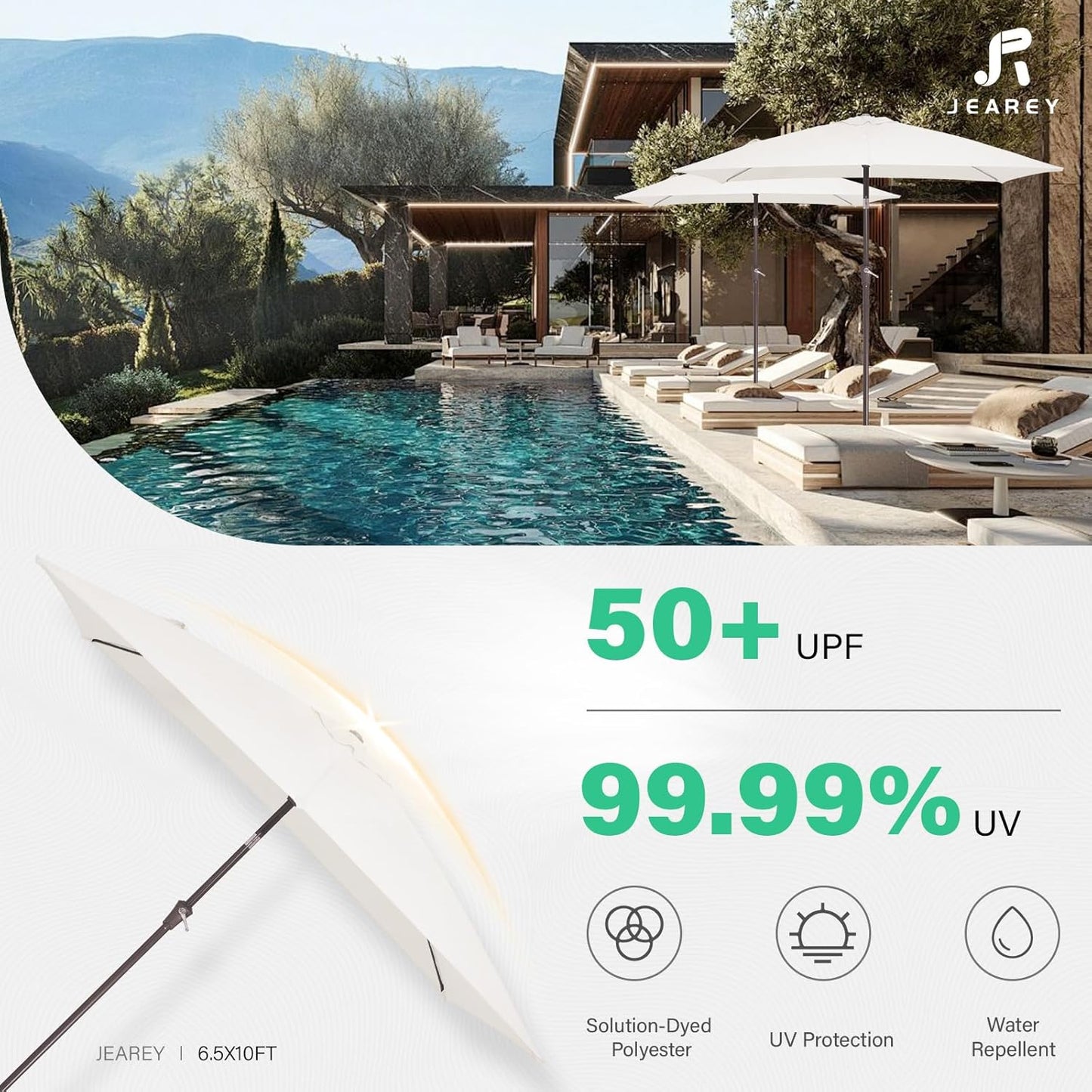 JEAREY 6.5x10 ft Rectangular Patio Umbrellas Outdoor Market Umbrella with Push Button Tilt and Crank, Rectangle Table Umbrella 6 Sturdy Ribs UV Protection for Pool Garden Backyard Deck, Cream-White