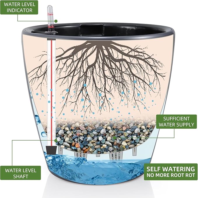 Dexceder 18x17 Self Watering Planter with Wheels Indoor Outdoor, Inner Pot Design, Thickened Large Floor Standing Flower Plant Pot with Water Level Indicator (Slate Gray Matte)