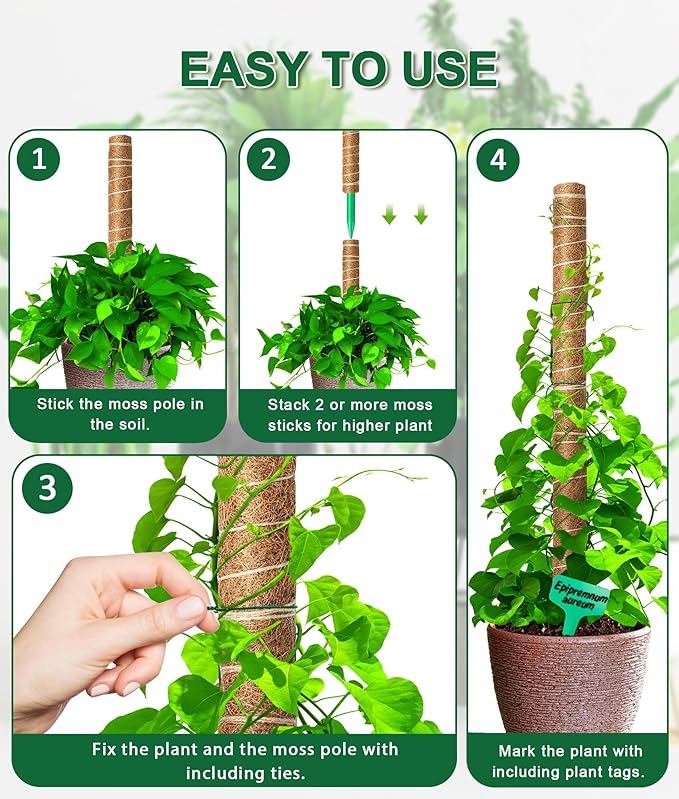 EAONE Moss Pole 168 Inch, 8 Pack 21" Monstera Plant Support for Climbing Potted Live Plants Indoor, Stackable Coco Coir Moss Sticks Monstera Stakes for Pothos Philodendron, with Garden Labels & Ties