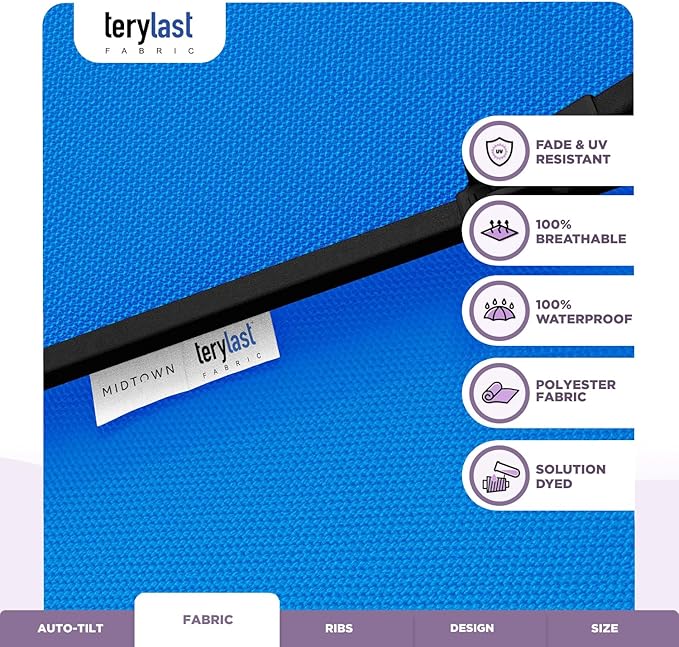 Midtown Umbrellas 10-Year-No-Fade - 9 Ft - UV Proof Cobalt Blue Polyester Fabric - Umbrella Outdoor Patio, Auto-Tilt Aluminum Frame Patio Umbrella for Garden, Pool & Deck - Black Pole