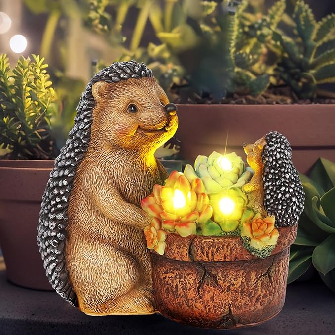 Succulent Hedgehog Garden Statues with Solar Outdoor Lights for Garden Decor, Animal Figurines Resin Outdoor Statues, Garden Gifts for Women Mom Lawn Ornaments for Patio Yard Decor