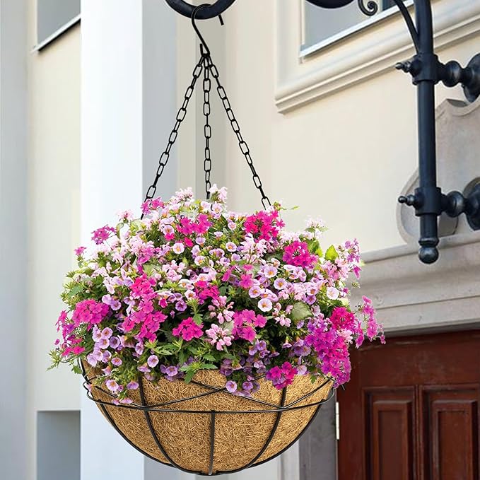 2 Pack 18 Inch Extra Large Deep Hanging Baskets for Plants Outdoor Metal Hanging Planters Flower Pots with Coco Liners Black Hanging Plant Holder for Porch Balcony Garden Planting