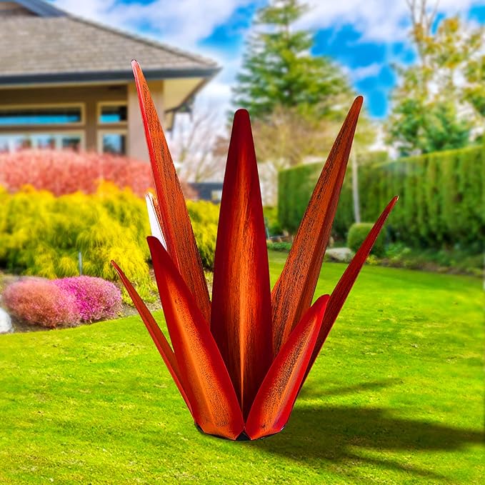Large Tequila Rustic Sculpture, Rustic Metal Agave Plants for Outdoor Patio Yard, Home Decor Hand Painted Metal Agave Garden Yard Statue, Outdoor Lawn Ornaments Yard Stakes (Red - M)