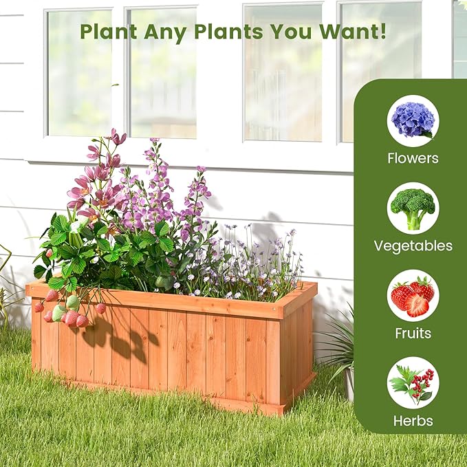 HAPPYGRILL Raised Garden Bed, Outdoor Elevated Flower Box w/ 4 Drainage Holes & Detachable Bottom Panels, Wood Planter Box for Vegetables Flowers Herbs & Fruits Growing, 31” x 14” x 12”