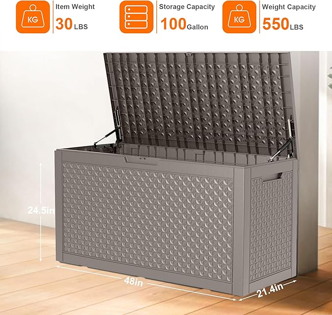 100 Gallon Outdoor Storage Box - Deck Box Waterproof Patio Furniture, Garden Tools, Cushions, Pool Accessories Outside Storage Resin Box