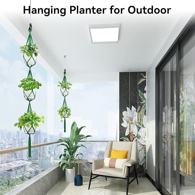 USLAI Macrame Plant Hanger Indoor Outdoor, Up to 4-15 inch Pot, Heavy 20lb Planters, Extra Long Strong Hanging Planter Basket Holder, Boho Home Decor, 49+72 Inch, Green (POTS NOT Included)