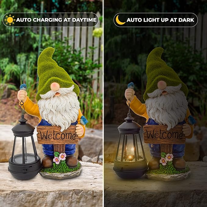 Garden Gnomes Outdoor - Flocked Gnome Statue Holding Lantern with Solar LED Lights | Gnomes Garden Decorations for Patio, Yard, Lawn Ornaments - Gnome Gifts