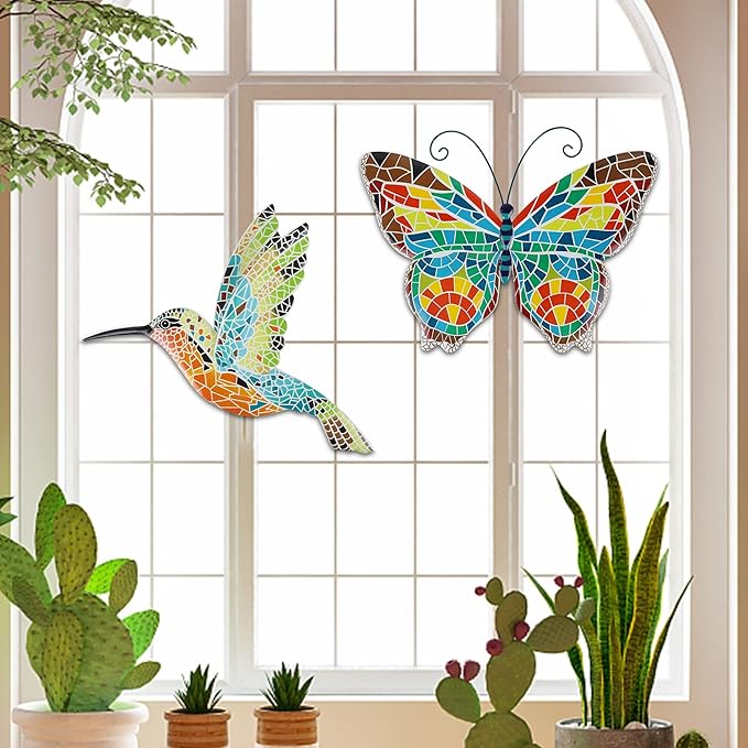 Adroiteet 16 Inch Large Wall Decor, Set of 2 Butterfly Hummingbird Metal Wall Art, Bird Wall Sculpture Hanging Decorations, Perfect for Garden Yard Fence Home Kitchen Bedroom Outdoor Indoor