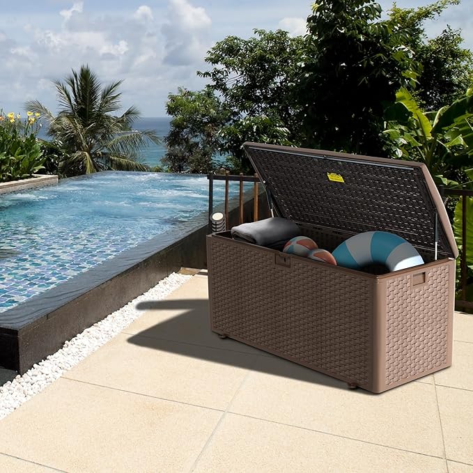 Premium Pro Edition 180 Gallon Lockable Resin Deck Box, Waterproof & UV-Resistant Outdoor Storage Box for Outdoor Cushion Storage, Garden Tools & Pool Accessories Storage, Brown