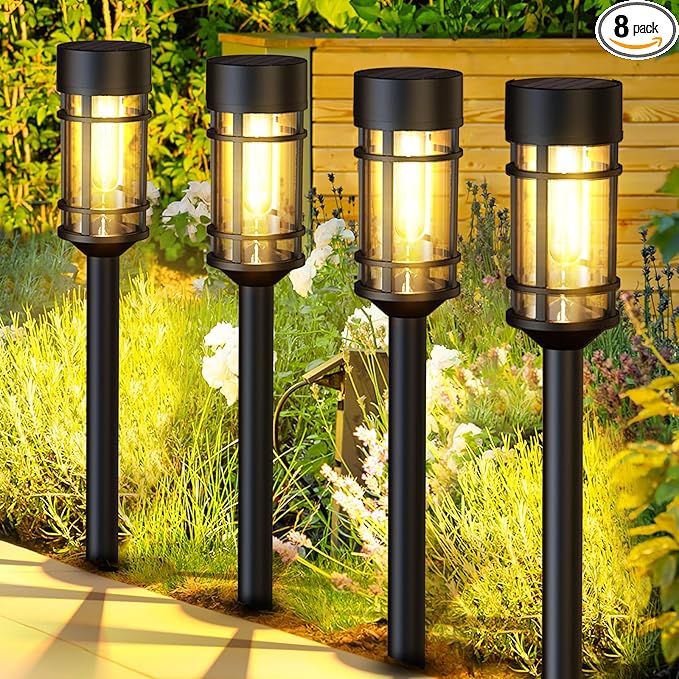 8 Pack Solar Pathway Lights Outdoor, Waterproof Solar Lights Outdoor with Metal & Glass Design - Auto On/Off, Long-Lasting, Landscape Lighting for Garden, Yard, Lawn, Driveway, Walkway