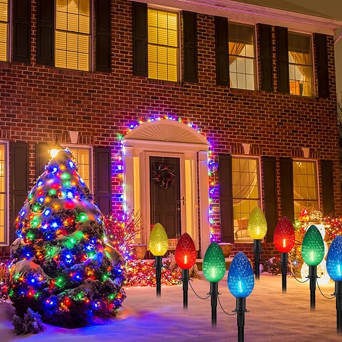 Abeja C9 Christmas Multicolor Pathway Lights, 2 Pack 7Ft Outdoor Pathway Markers Lights with 8 Jumbo C9 LED Multicolor Bulbs, Connectable Christmas Walkway Lights for Driveway Yard Garden Decor