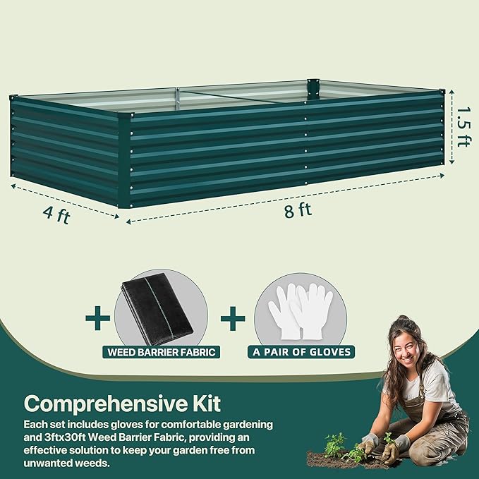 Raised Garden Bed 8×4×1.5FT, Galvanized Raised Garden Beds Outdoor for Vegetables Flowers Herbs, Steel Large Deep Root Planter Box, Tall Raised Garden Bed Kit with 3ftx30ft Weed Barrier Fabric, Green