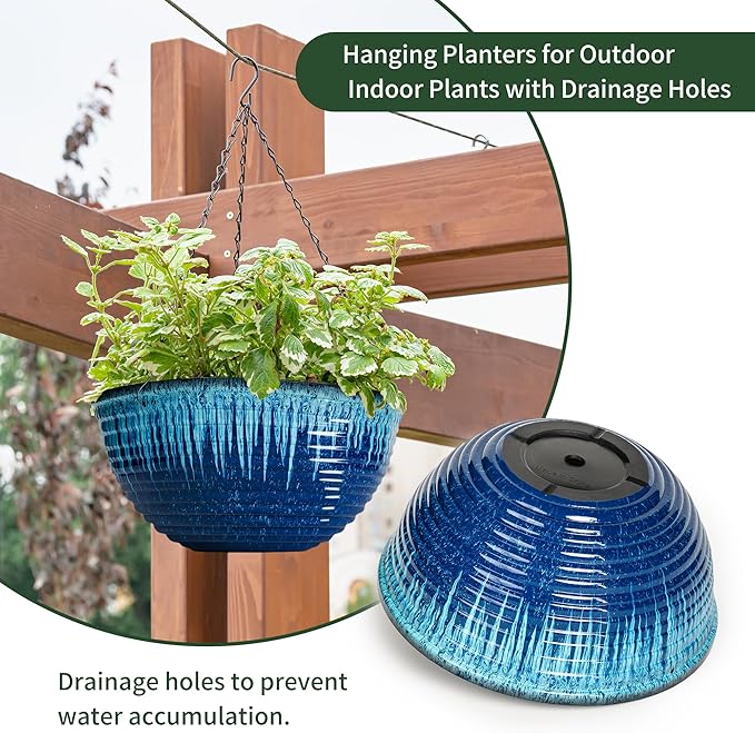 12 inch Hanging Planters for Indoor Outdoor Plants, 2 Pack Large Hanging Flower Pots with Drainage Holes and Chain, Glazed Hanging Baskets for Home Garden Decoration (Blue Flow Glaze)
