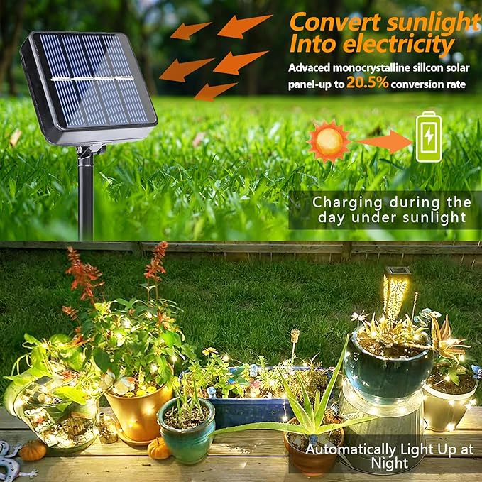 YEGUO Solar Fairy Lights Outdoor Waterproof, 4 Packs Each 33ft 100 LED String Lights Warm White, 8 Modes Silver Wire Twinkle Lights