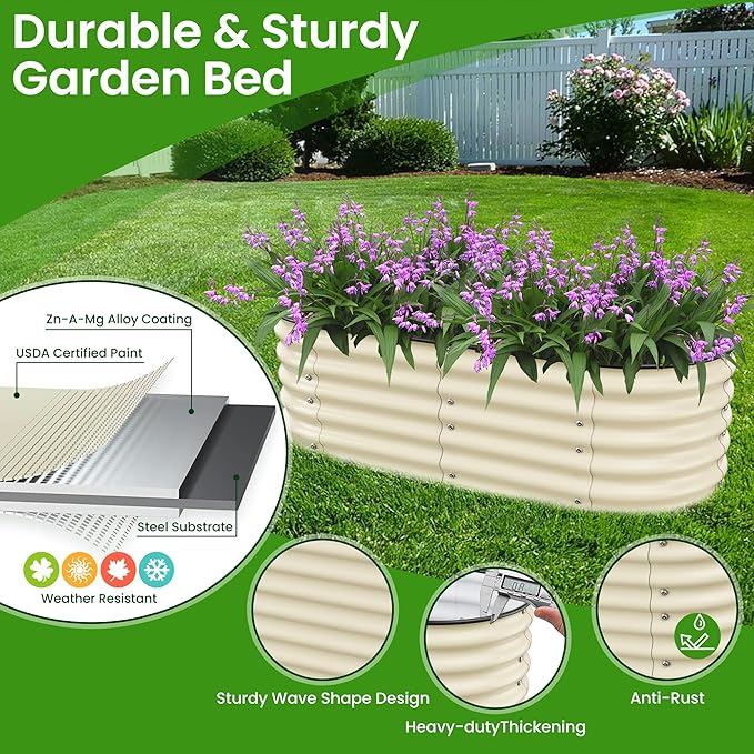 Raised Garden Bed 5x2x1.4 Ft Planter Box Outdoor with Rubber Edge Zinc-Aluminum-Magnesium Stainless Steel Durable Metal Garden Beds Kit for Vegetables, Flowers, Herbs and Succulents（Ivory）