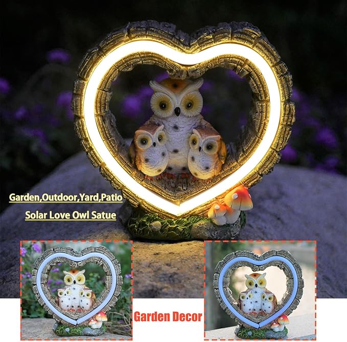 Solar Owl Garden Statue, Outdoor Waterproof Handmade Resin Statue,Garden Sculpture with Solar LED Lights, Warm Owl Statue Decoration, Suitable for Roads, Yards, lawns (Warm Owl Family)