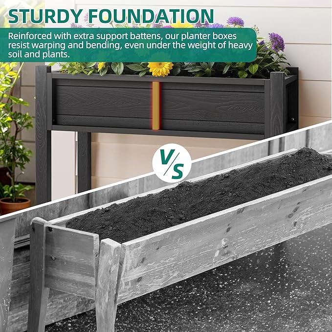 YITAHOME Raised Garden Bed, HIPS Poly Wood Elevated Planter Box with Legs and Drainage Hole, Small Flower Box Stand for Patio Balcony Garden Backyard, Black