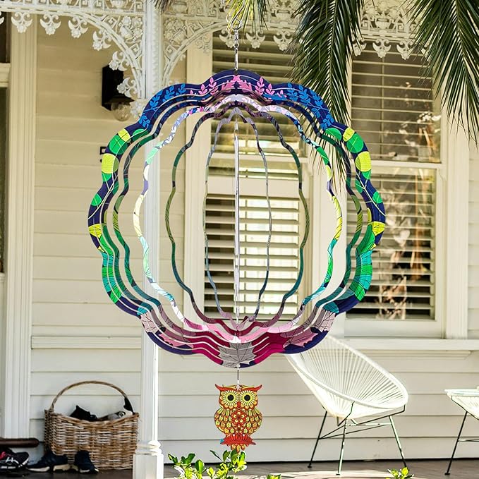 TUOKING Owl Wind Spinners Outdoor Metal 3D Hanging Art Wind Spinner 12 Inch Stainless Steel for Yard and Garden Decoration Worth Gift for Women