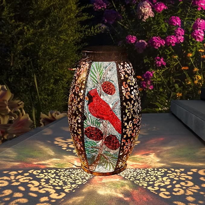 Solar Lanterns Outdoor Hanging Light - Cardinal Solar Powered LED Glass Lights Decorative Waterproof Tabletop Lamp with Hollowed-Out Design for Yard Table Patio Garden Pathway Holiday