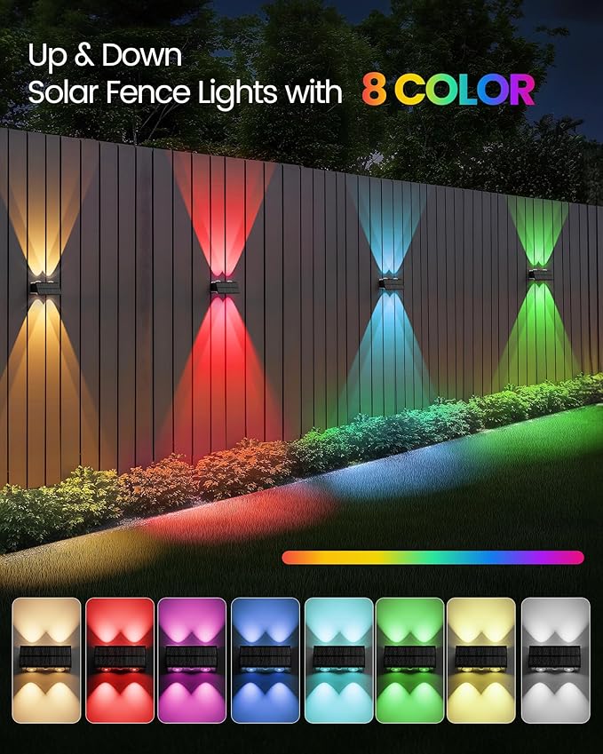Bridika Solar Fence Lights Outdoor, 6 Pack Up and Down Wall Light, 8 Colors Lens LED Dusk to Dawn Solar Lights Outdoor Waterproof for Patio, Deck, Backyard, Garden