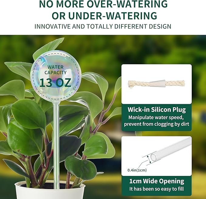 13 oz Up to 2 Weeks Extra Large Plant Self Watering Globes, Light Iridescent Glass Water Bulb Indoor Outdoor, Plant Waterer Self-Watering Stakes,Vacation Plant Thing for Plant Parents, 4 Pack