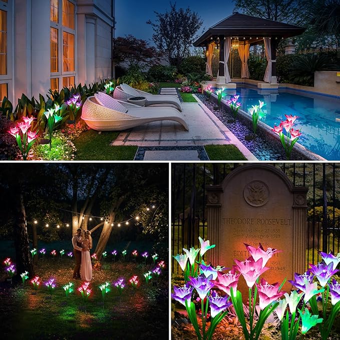 KOOPER Outdoor Solar Lights, 8 Pack Solar Garden Lights with Bigger Lily Flowers, Waterproof 7 Color Changing Outdoor Lights - Bigger Solar Panel for Outdoor Patio Yard Garden Decoration