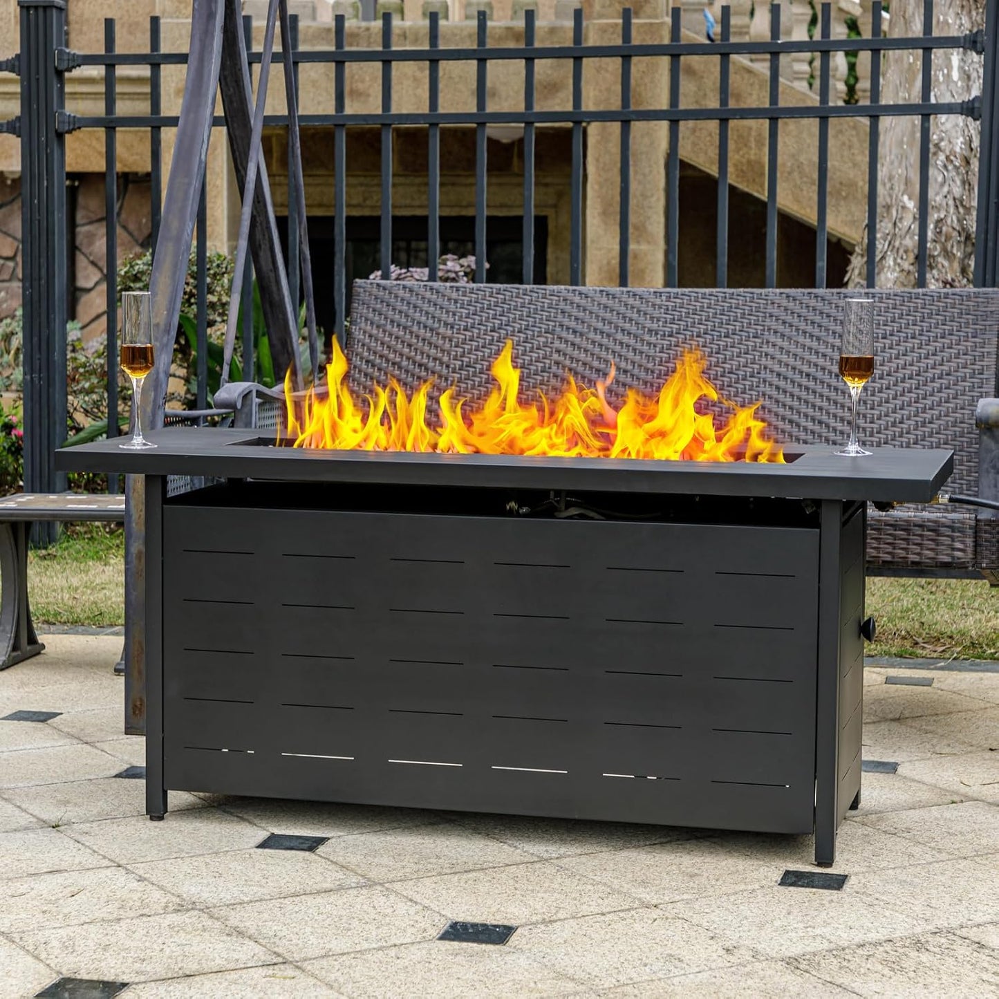 57 inch Propane Fire Pit Table,50000 BTU Gas Fire Pits Table with Lid & Lava Rock & Waterproof Cover, Outdoor Propane Firepit for Dining or Party, Outside, Patio, Garden, Yard