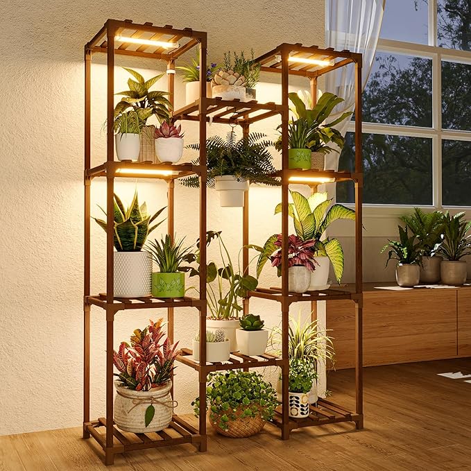 Bamworld Plant Shelf with Grow Light Plant Stand for Mutiple Pots Large Plant Holder for Living Room Patio Boho Home Decor for Gardening Warm Light