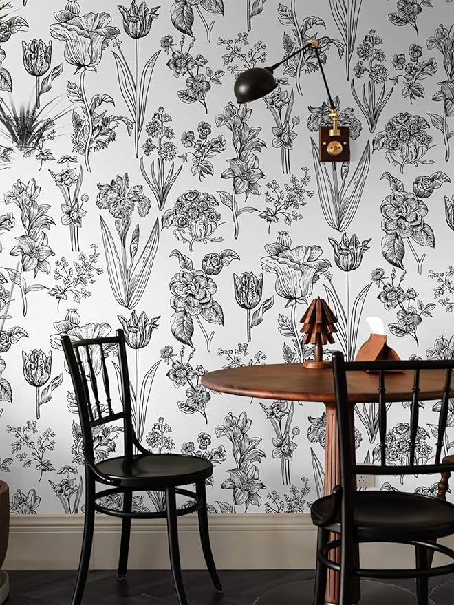 Dimoon 236"x17.3" Floral Peel and Stick Wallpaper White Contact Paper Waterproof Black Lines Wallpaper Vintage Flower Thicken Plant Self Adhesive Removable Wall Covering Shelf Liner Decal Vinyl Roll