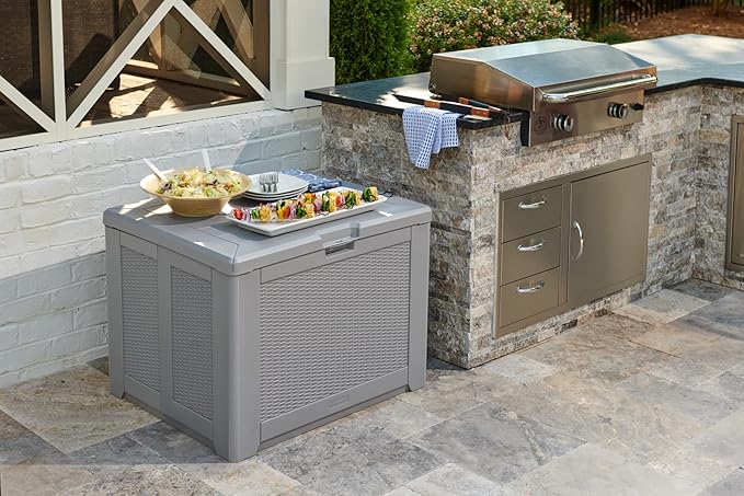 Rubbermaid Medium Resin Outdoor Storage Deck Box (74 Gal) Weather Resistant Gray Deck Organization for Home/Backyard/Pool Chemicals/Toys/Garden Tools/Porch/Patio Cushions