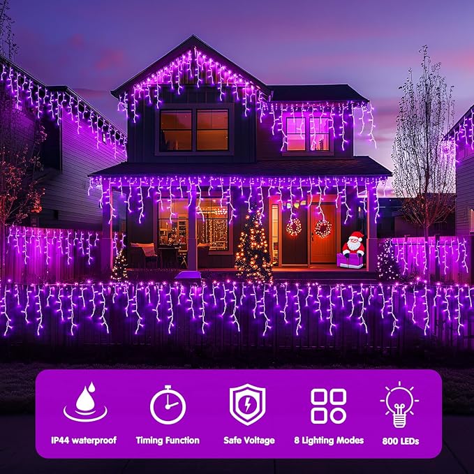 JMEXSUSS 800 LED Purple Icicle Lights Outdoor, Purple Icicle Christmas Lights Indoor Plug in with Remote, Purple Christmas Lights for Outside Fireplace Eave Yard Christmas Decor