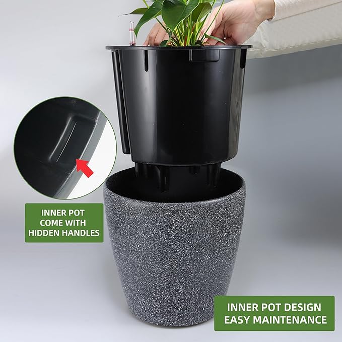 Dexceder 18x17 Self Watering Planter with Wheels Indoor Outdoor, Inner Pot Design, Thickened Large Floor Standing Flower Plant Pot with Water Level Indicator (Stone Matte)