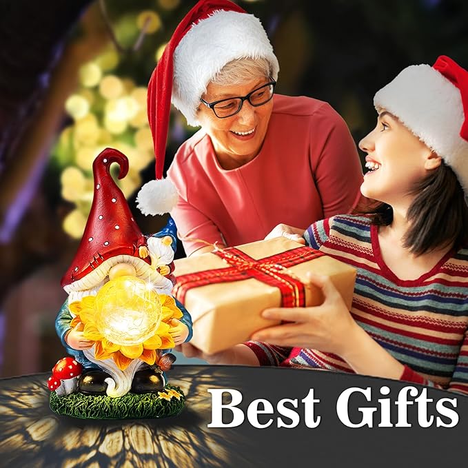 Solar Garden Decor Gnome Statues with Sunflower and Crackle Glass Globe Lights Gnome Outdoor Decorations for Garden Yard Patio Lawn, Unique Housewarming Gifts