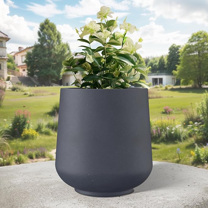 Kante 15.3" Dia Round Concrete Planter, Outdoor Indoor Large Plant Pots Containers with Drainage Hole and Rubber Plug for Home Garden Patio, Dark Gray