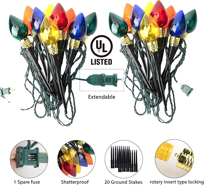 2 Pack C9 Christmas Pathway Lights - Outdoor Total 34.8 Ft, 20 Waterproof Connectable Walkway Lights for Yard, Ground, Sidewalk, Driveway Christmas Decorations
