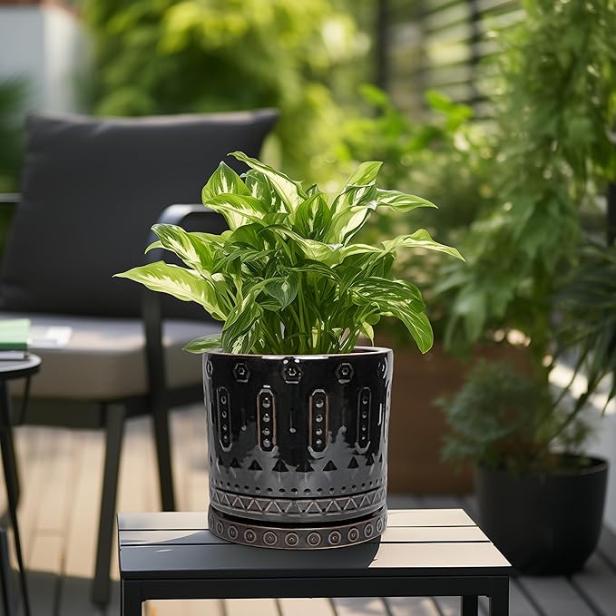 Ceramic Planter for Indoor Plants - 10 Inch Plant Pots with Drainage Hole and Saucer, Round Decorative Flower Pots Outdoor, Boho Large Planter, Room Decor, House Warming Gifts, Black