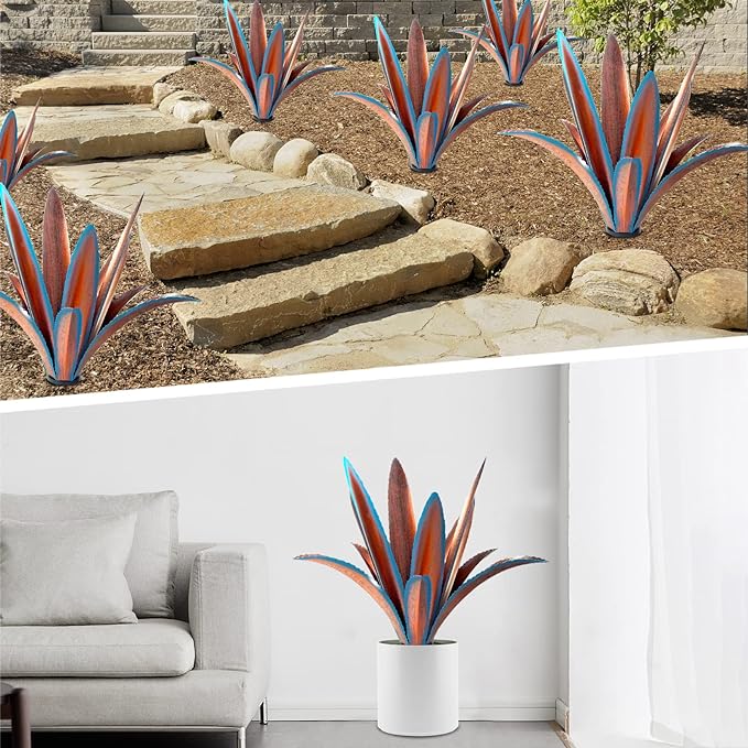 Enlarge thickened Wind Resistant Metal Agave Garden Art Metal Plant Country Garden Sculpture Statue Outdoor decoration Agave Metal Plant Courtyard Garden Lawn Ornament Gift (1, 12 Leaves blue)
